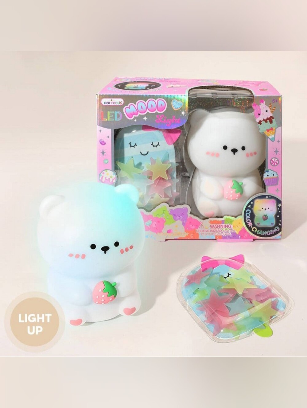 Hot Focus Sugar Crush LED Mood Light Bear Tap Lamp NIB Sealed Glow Dark Stickers